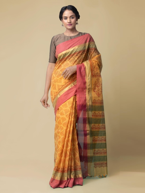 

Unnati Silks Orange & Red Pure Cotton Printed Mangalagiri Saree