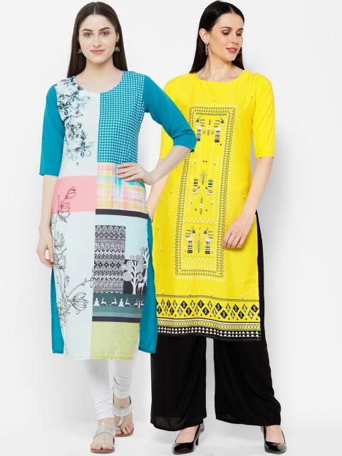

7Threads Women Multicoloured Printed Straight Kurta Pack Of 2, Multi