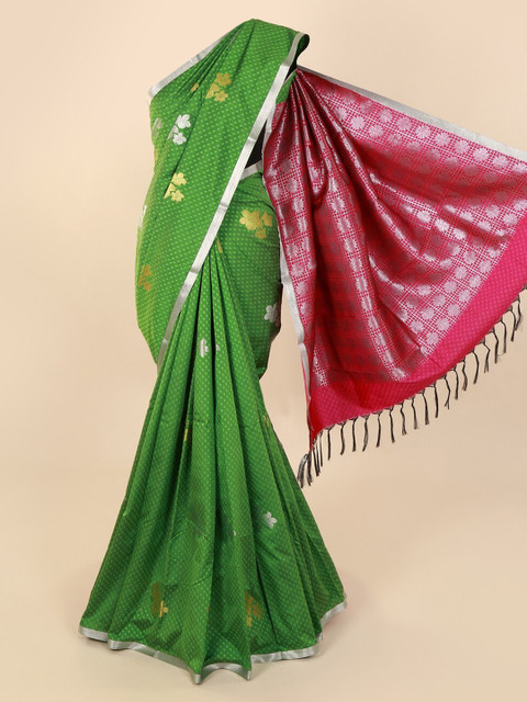 

Pothys Green & Silver-Toned Art Silk Floral Printed Saree with Jhalar Pallu