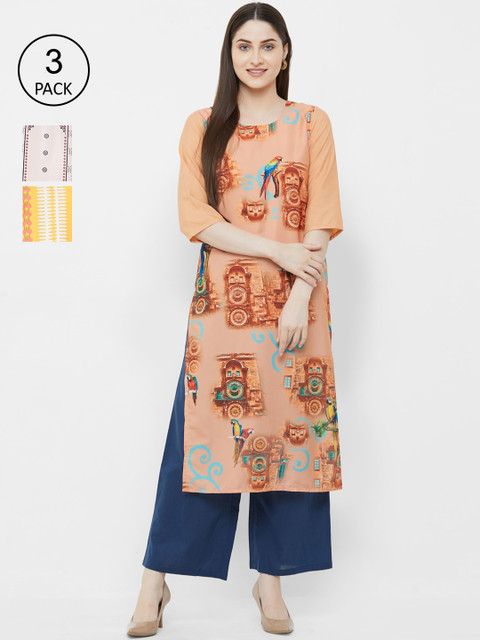 

7Threads Women Multicoloured Printed Straight Kurta Pack Of 3, Multi