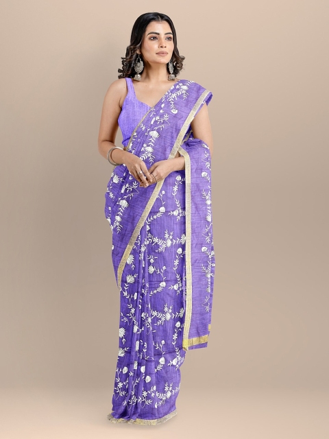 

BharatSthali Purple & Gold-Toned Silk Cotton Embroidered Maheshwari Saree
