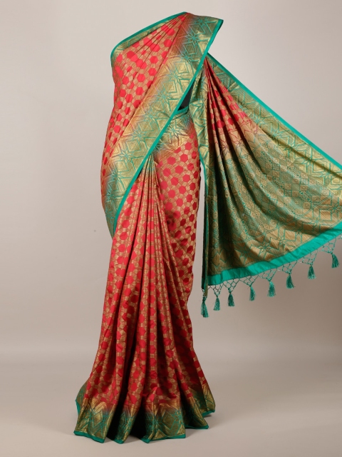 

Pothys Red & Gold-Toned Jute Silk Woven Design Saree with Jhalar Pallu