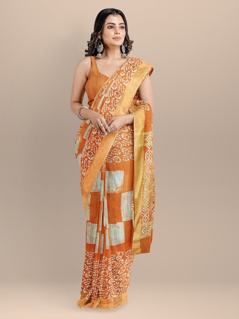 

BharatSthali Orange & Off-White Silk Cotton Printed Venkatgiri Saree