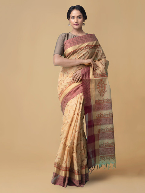 

Unnati Silks Beige Pure Cotton Printed Handloom Mangalagiri Saree