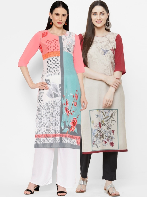 

7Threads Women Multicoloured & Grey Printed Straight Kurta Pack of 2, Multi