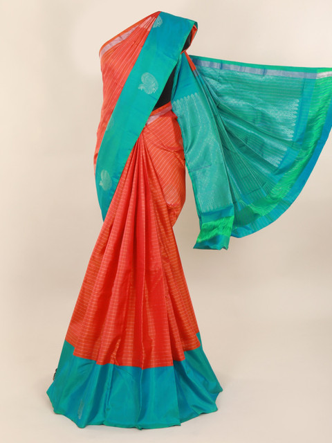 

Pothys Orange & Green Pure Silk Striped Kanjeevaram Saree