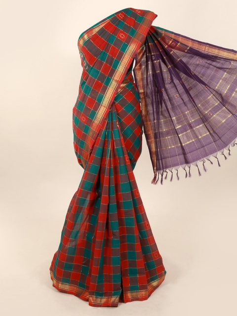 

Pothys Orange & Green Pure Cotton Checked Sustainable Saree