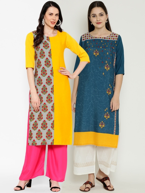 

7Threads Women Multicoloured & Teal Printed Straight Kurta Pack of 2, Multi