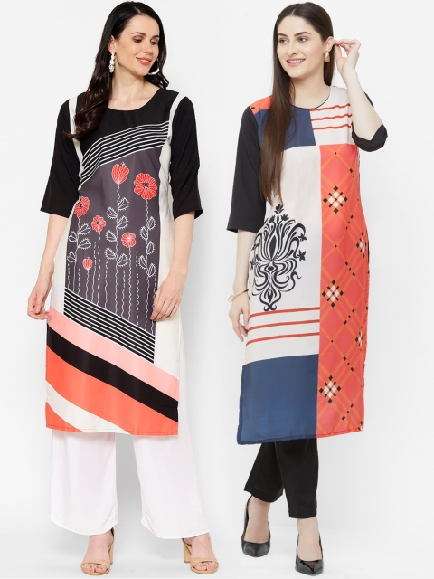 

7Threads Women Multicoloured & Orange Printed Straight Kurta Pack of 2, Multi