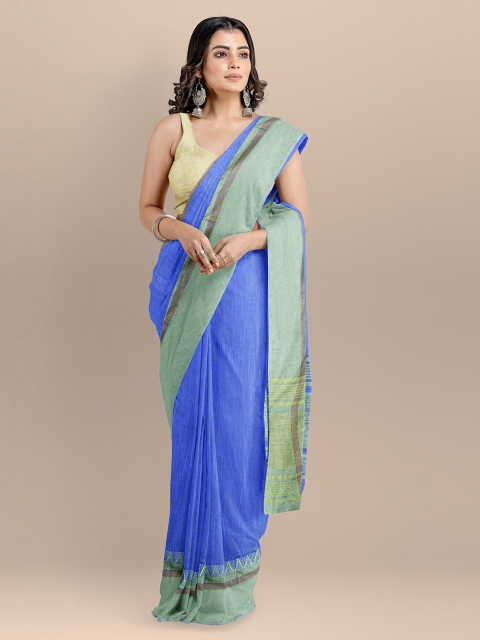 

BharatSthali Blue Pure Cotton Solid Maheshwari Saree