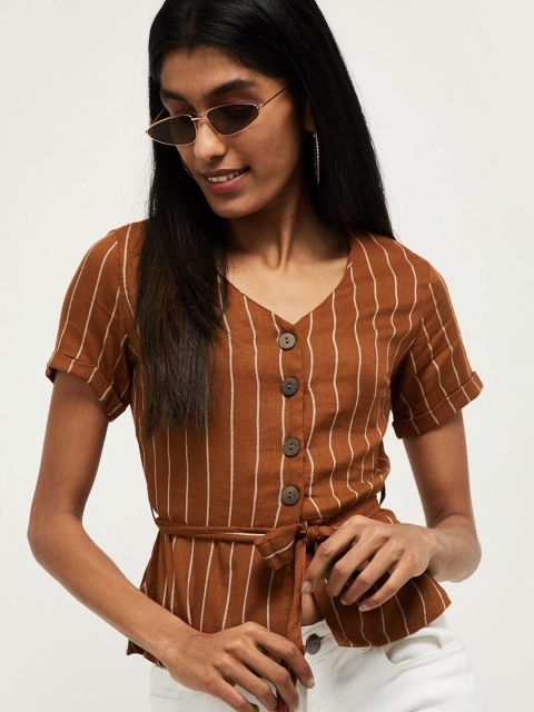 

max Women Rust Brown & White Striped Shirt Style Top