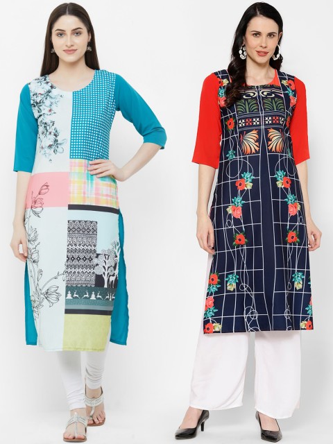 

7Threads Women Multicoloured Printed Straight Kurta Pack of 2, Multi