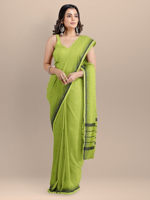 BharatSthali Green & Black Silk Cotton Solid Mangalagiri Saree