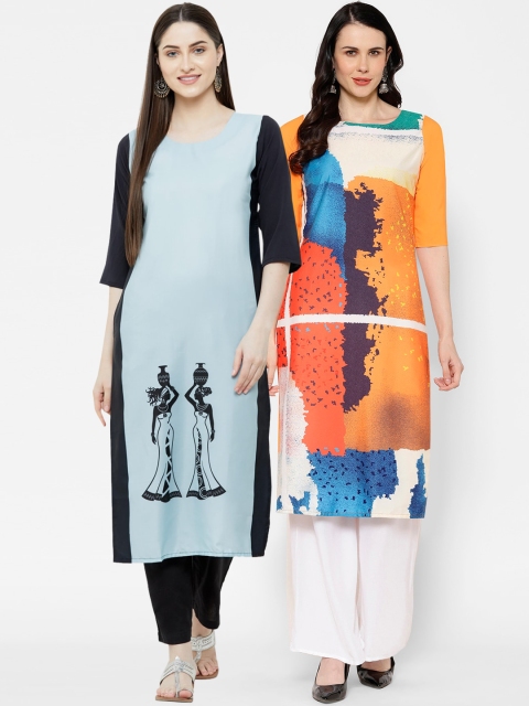 

7Threads Women Multicoloured & Blue Printed Straight Kurta Pack of 2, Multi