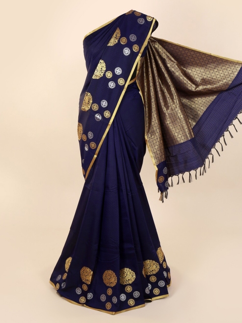 

Pothys Navy Blue & Gold-Toned Art Silk Printed Saree with Jhalar Pallu