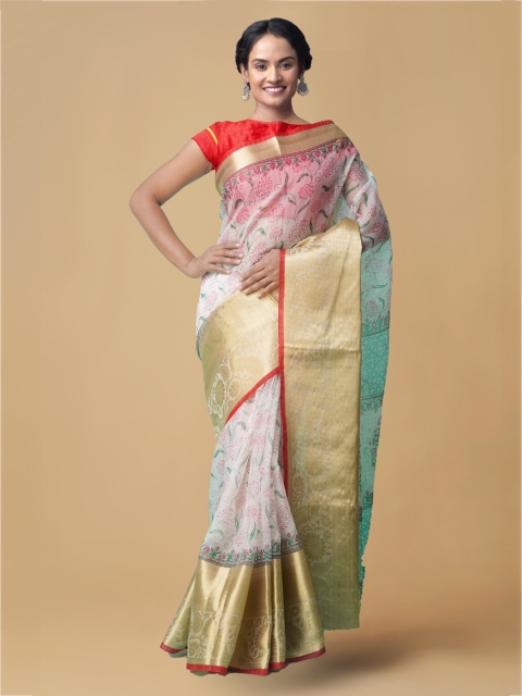 

Unnati Silks Off-White & Green Organza Printed Chanderi Saree