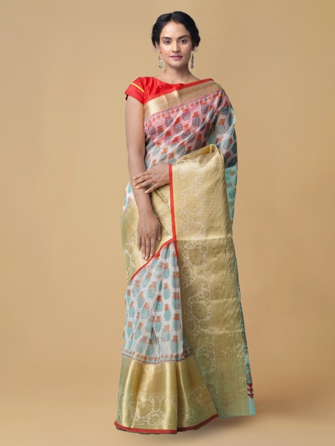 

Unnati Silks White Organza Printed Chanderi Saree