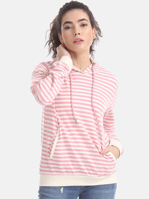 

Cherokee Women Pink & White Striped Hooded Cotton Sweatshirt
