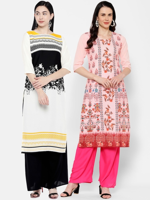 

7Threads Women Multicoloured & Black Printed Straight Kurta Pack of 2, Multi