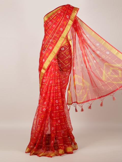 

Pothys Red & Gold-Toned Linen Blend Checked Saree