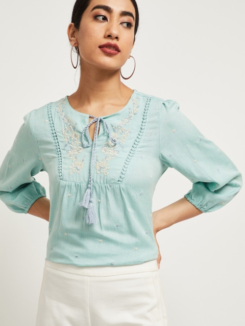 

max Women Sea Green Self Design Top