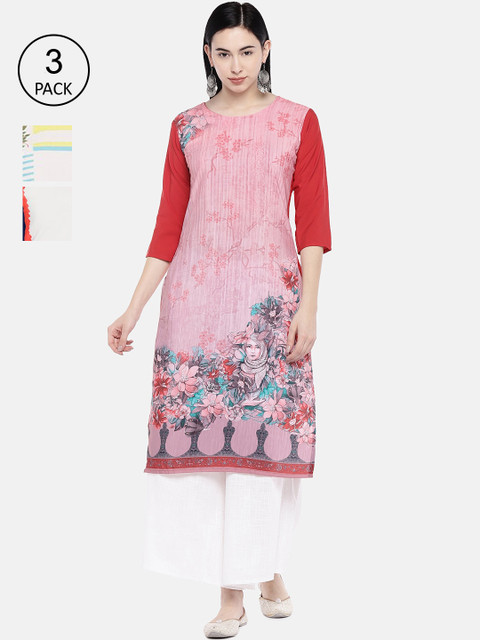 

7Threads Women Multicoloured & Pink Printed Straight Kurta Pack of 3, Multi