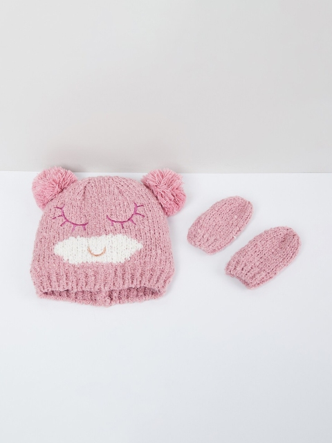 

max Girls Pink & White Self Design Beanie with Socks