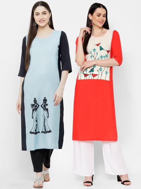 

7Threads Women Multicoloured Printed Straight Kurta Pack Of 2, Multi
