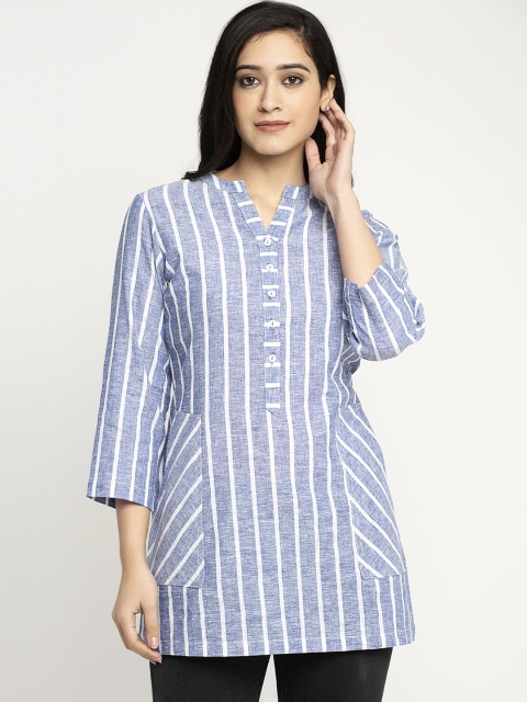 

Ayaany Women Blue Striped Shirt Style Pure Cotton Top