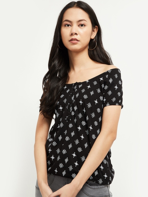 

max Women Black & Off-White Printed Bardot Top