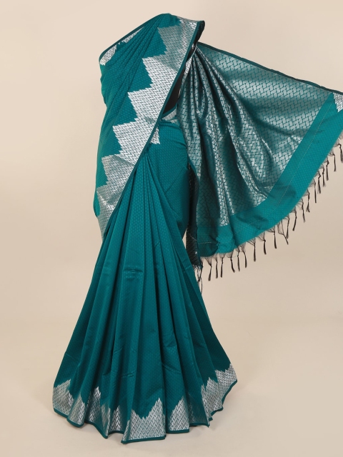 

Pothys Green & Silver-Toned Art Silk Printed Saree with Jhalar Pallu