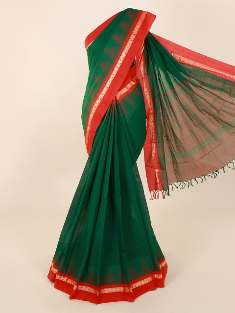 

Pothys Green & Red Pure Cotton Solid Sustainable Saree