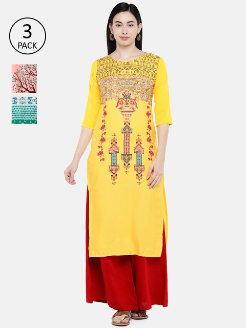 

7Threads Women Multicoloured & Yellow Printed Straight Kurta Pack of 3, Multi