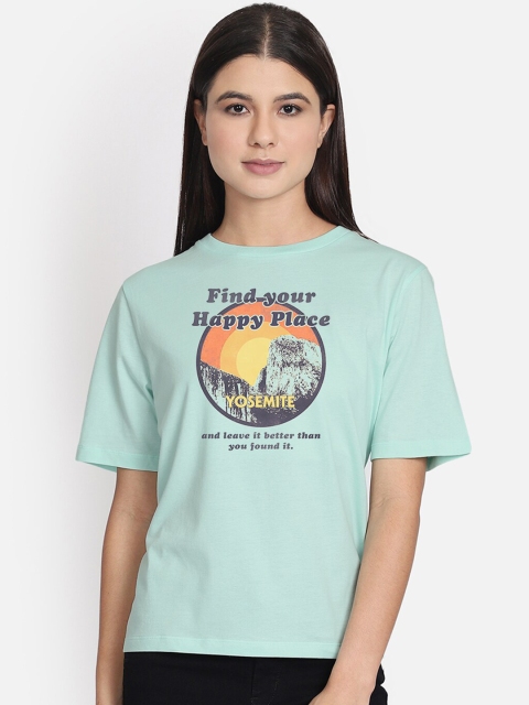 

Free Authority Women Green Printed Round Neck Cotton Pure Cotton T-shirt
