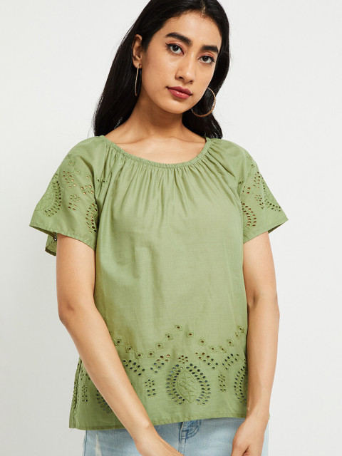 

max Women Green Solid Cotton Top