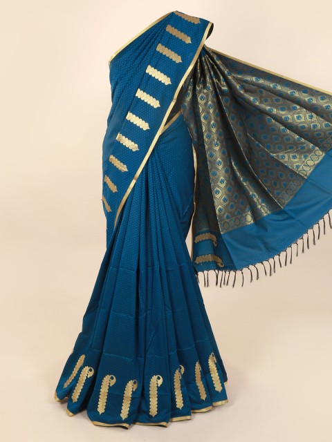

Pothys Blue & Gold-Toned Art Silk Printed Saree with Jhalar Pallu