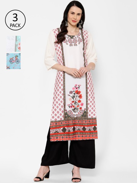 

7Threads Women Multicoloured & White Printed Straight Kurta Pack of 3, Multi