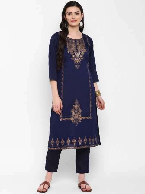 

ZIYAA Women Navy Blue Foil Printed Straight Kurta