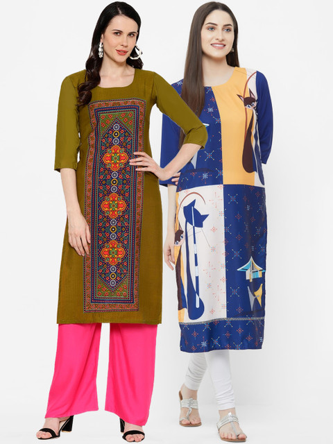 

7Threads Women Multicoloured Printed Straight Kurta Pack of 2, Multi