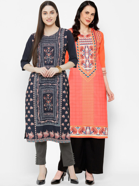 

7Threads Women Multicoloured Printed Straight Kurta Pack of 2, Multi