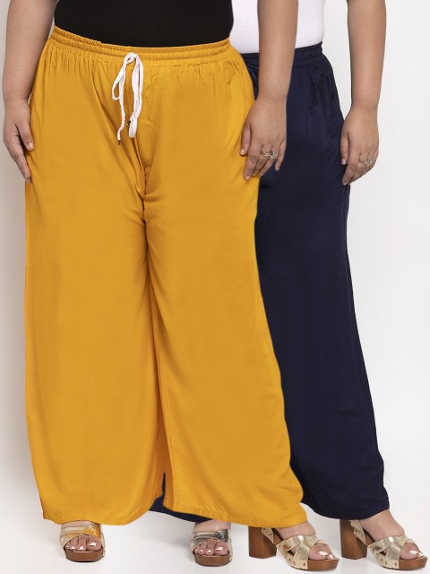 

TAG 7 PLUS Women Pack Of 2 Yellow & Navy Blue Solid Flared Palazzos