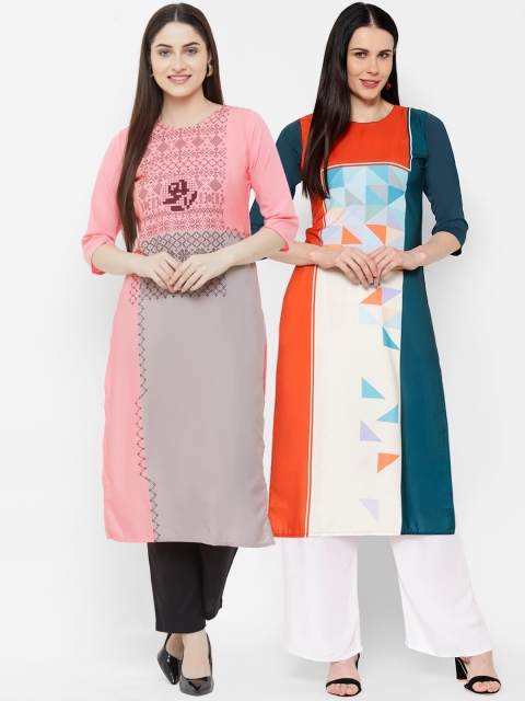 

7Threads Women Multicoloured & Pink Printed Straight Kurta Pack of 2, Multi