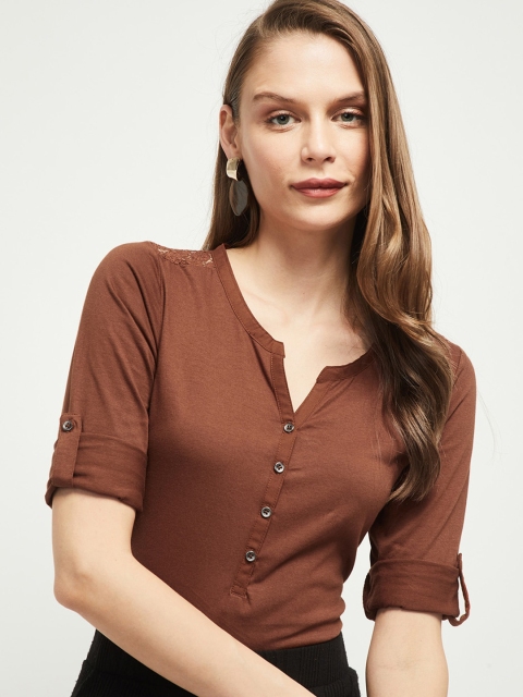 

max Women Brown Solid Cotton Top