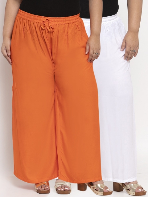 

TAG 7 PLUS Women Pack Of 2 White & Orange Solid Flared Palazzos