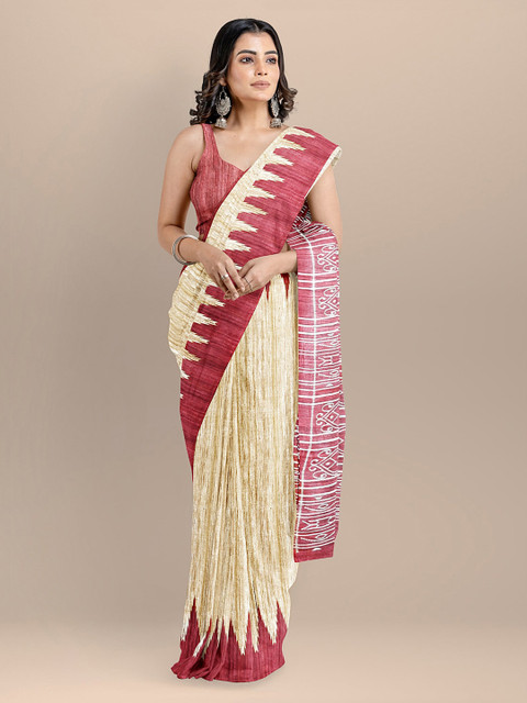 

BharatSthali Cream-Coloured & Red Pure Silk Woven Design Handloom Sambalpuri Saree