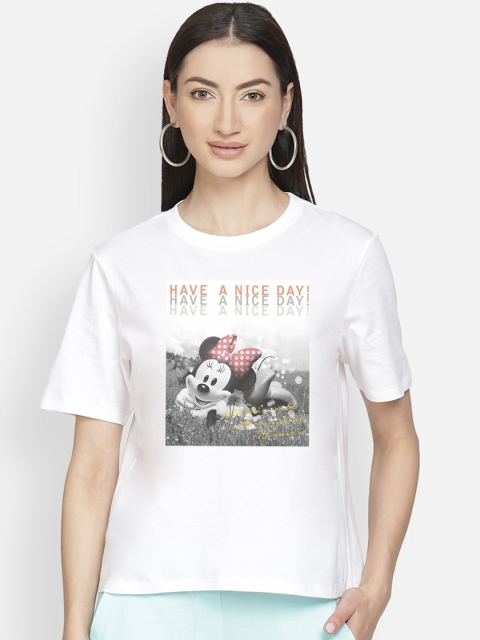 Free Authority Mickey & Friends Women White Printed Round Neck T-shirt