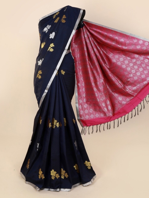 

Pothys Navy Blue & Silver-Toned Art Silk Printed Saree with Jhalar Pallu