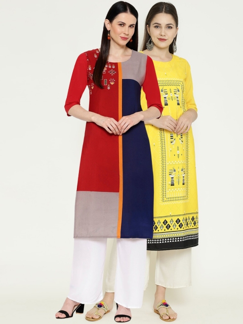 

7Threads Women Multicoloured Printed Straight Kurta Pack of 2, Multi