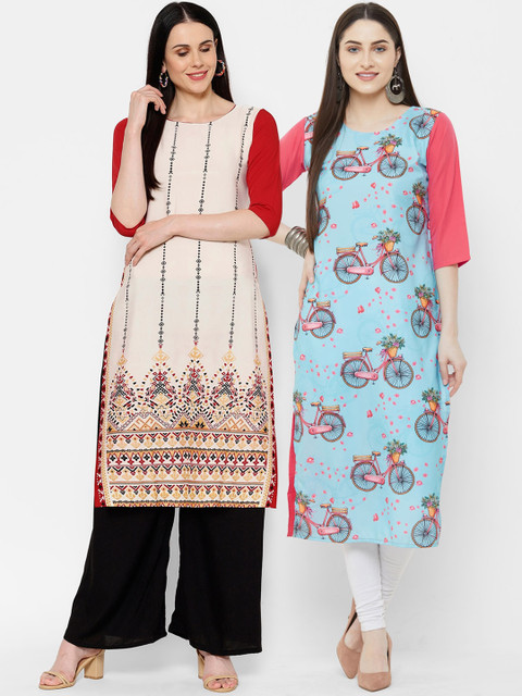 

7Threads Women Multicoloured Printed Straight Kurta Pack of 2, Multi