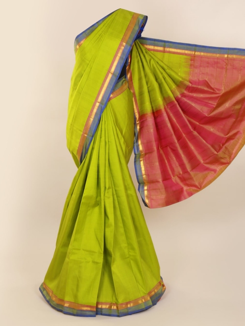

Pothys Lime Green & Blue Pure Silk Solid Kanjeevaram Saree